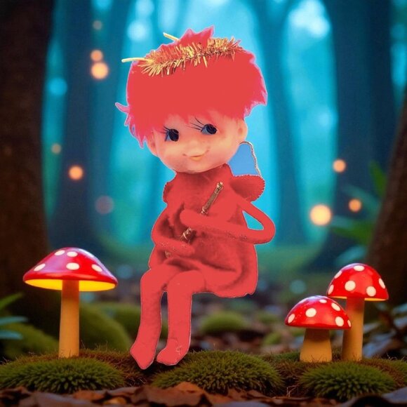 Vintage 1950s Red Hair Pixie Angel Japan Knee Hugger Felt Tulle Wings Ornament - Picture 1 of 8